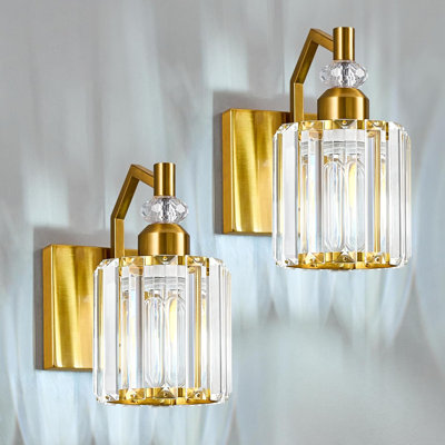 Modern Gold Wall Sconces With Crystal Shade, Set Of Two Indoor Wall Lamps For Bathroom Vanity, Bedroom, And Staircase Lighting