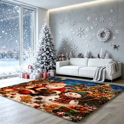 Santa Claus and Snowman Christmas Area Rug, Festive Holiday Floor Decor, Non-Slip Indoor Mat for Living Room, Bedroom, Home Decor