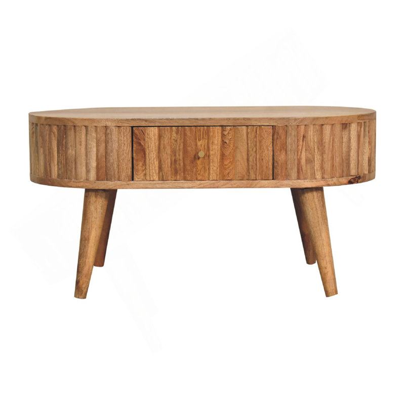 Table basse à rayures en bois, 2 tiroirs, pieds nordiques, brun clair