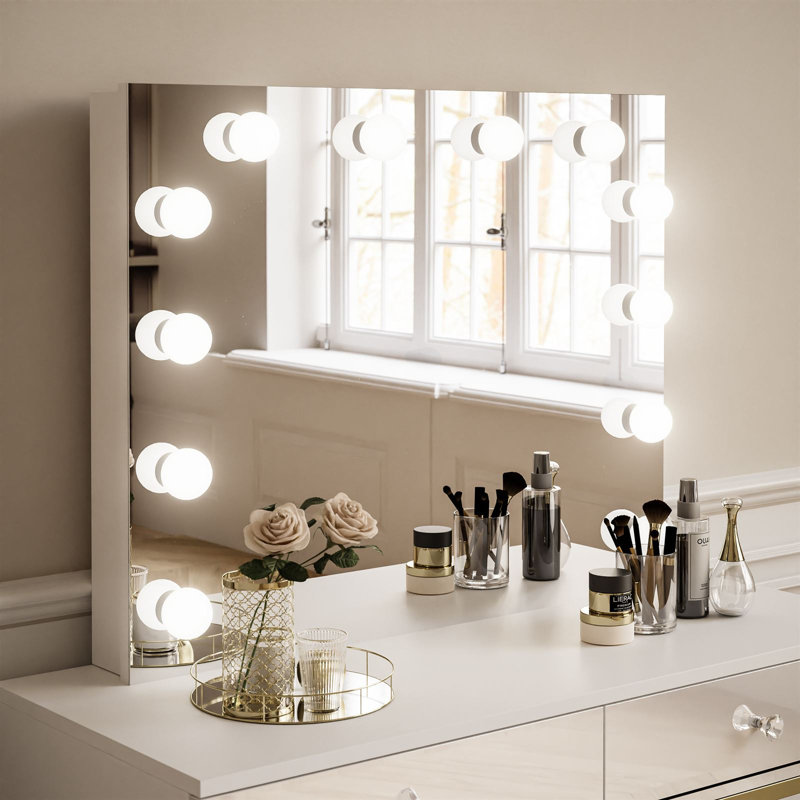 Anduena Dressing Table with Mirror, White High Gloss/Gold Matt