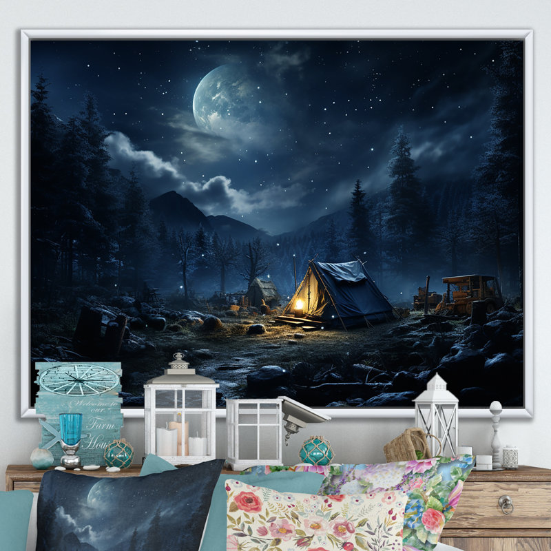 Starlit Camping In Canada 2 - Camping Travel Wall Art, 24" H x 32" W x 1" D, White Floater Framed