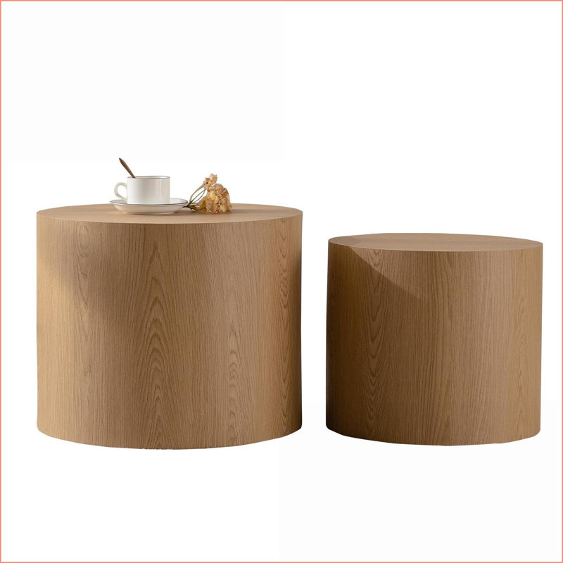 Ensemble de tables basses gigognes peu encombrantes, 2 tables de particules rondes aspect bois Eco-P2, aucun assemblage requis