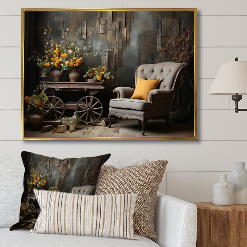 «Country Charm Rustic Serenity», reproduction d'art sur toile, H 12 po x l 20 po x P 1 po, Cadre flottant doré