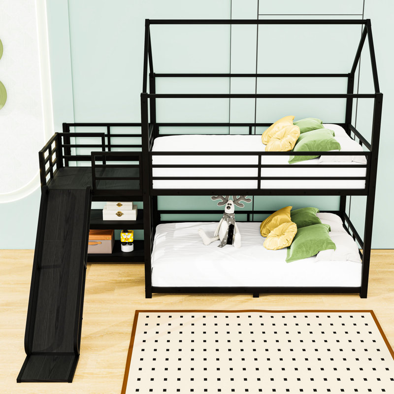 Metal Bunk Bed with Slide and Shelves, Twin Over Twin