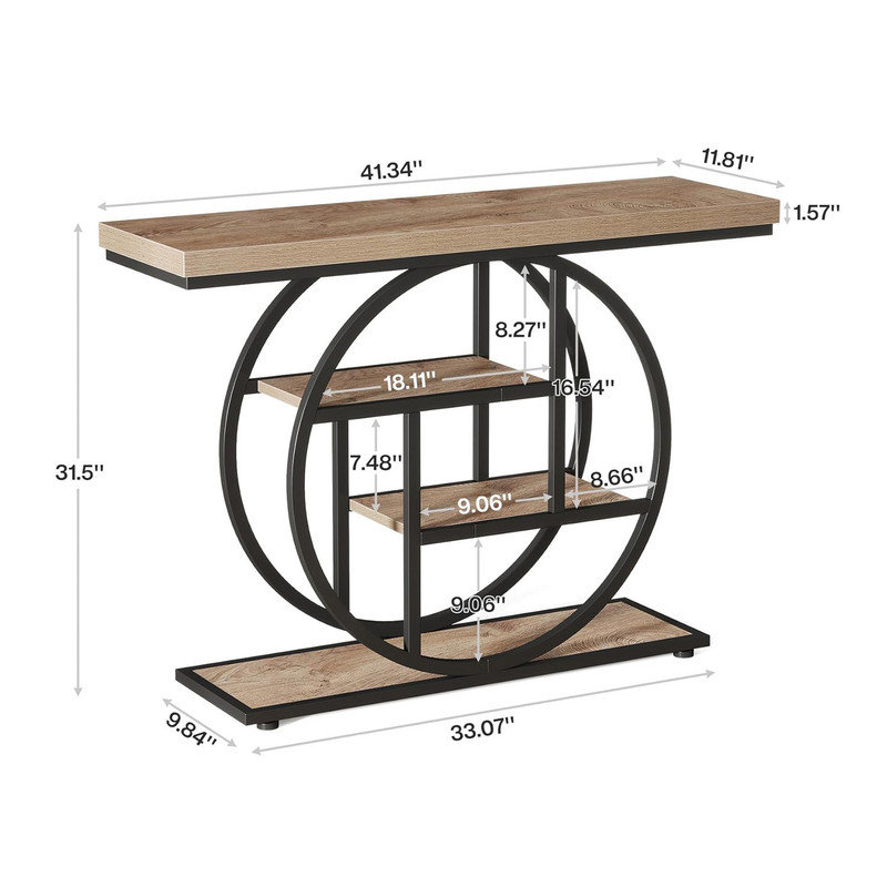 Industrial Brown Wood and Metal 4-Tier Console Table with Circle Base