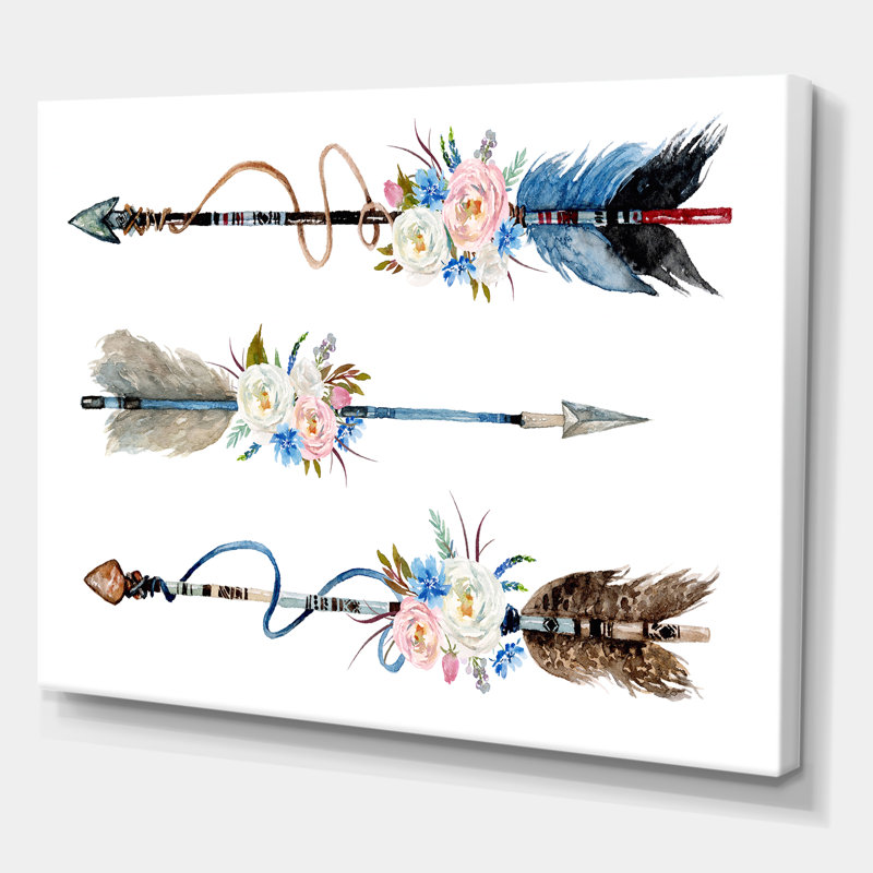 Plumes et fleurs sur des flèches indigènes - Peinture sur toile, H 16 po x l 32 po x p 1 po, Toile tendue