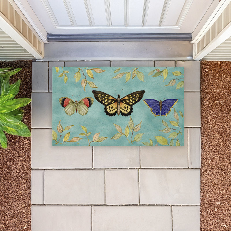  Tapis de porte rembourré à séchage rapide antidérapant Three Butterflies Over Teal 18 po x 30 po