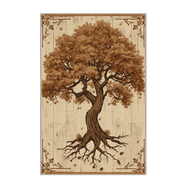Machine Washable Ottwell Oak Tree Country Rustic Vintage Look Rug in Brown – Beige Binding, 8x12