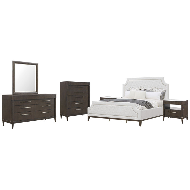 Commode à 2 tiroirs avec miroir et commode Hendrum, 6 pièces: lit, 2 tables de chevet, 2 commodes, mi, Très grand lit