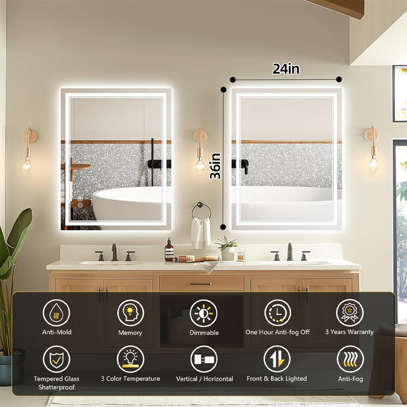 Chrisna UL Certified LED Bathroom Vanity Mirror, Front & Backlit, Anti-Fog Tempered Glass with 3-Year Warranty, 36"×24"