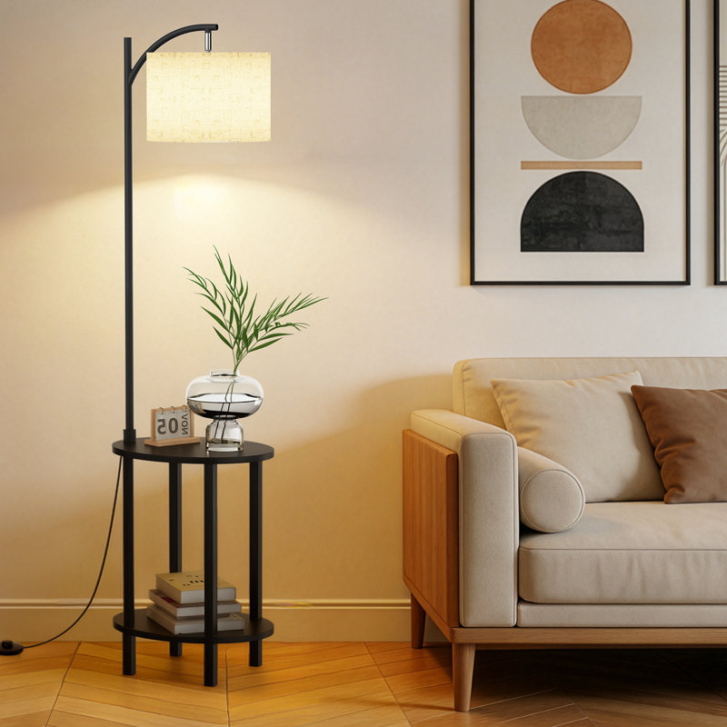 2-Tier Solid Wood Tray Table Floor Lamp With Bulb Included
