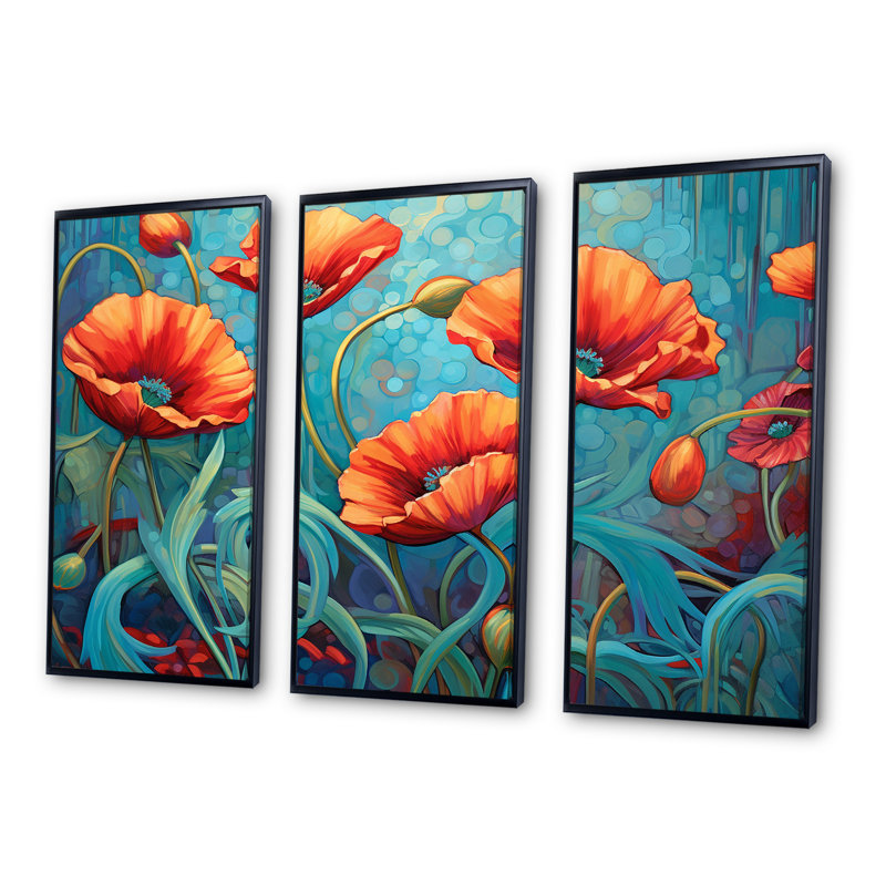 Corail et turquoise coquelicots dansant avec pétales - ensemble de reproductions d'art mural coquelicots, Cadre flottant noir