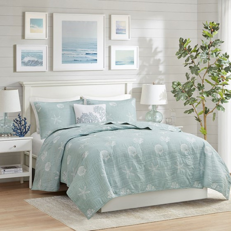 Cotton Embroidered Bedding Sets Aqua Coastal Style King Size