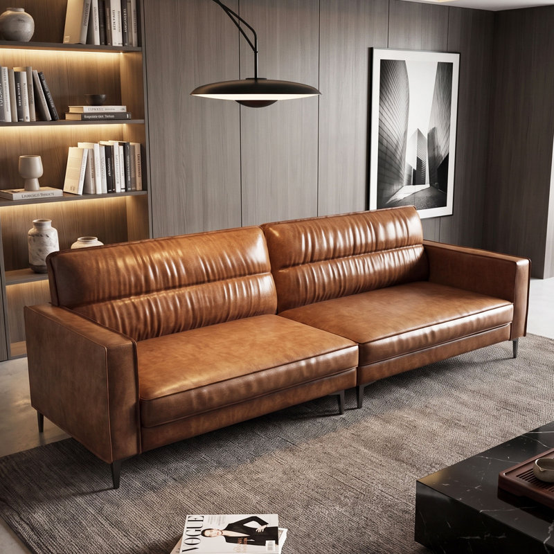86.6" Mid-Century Modern Faux Leather Sofa, 3-Seater Glossy Vegan Leather Couch with Deep Seats and Channel Tufted Backrest for Living Room, Apartment