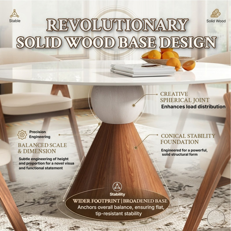 Modern Sintered Stone Dining Kitchen Table With Cone-Tapered Base, 29.53"H x 47.24"L x 47.24"W, Ivory Vein