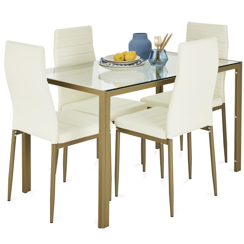 Hekimhan 5-Piece Kitchen Dining Table Set w/ Glass Tabletop, 4 Faux Leather Chairs, Ivory, Ivory/Gold