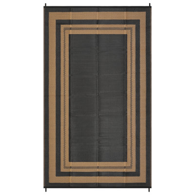 Waterproof Reversible Outdoor Rug 9x12ft - Plastic Straw Patio Carpet, Modern Geometric Black/Brown Area Mat - Easy Clean, Collapsible, Lightweight for RV, Porch, Backyard, Deck, Camping, Beach, USA Specification