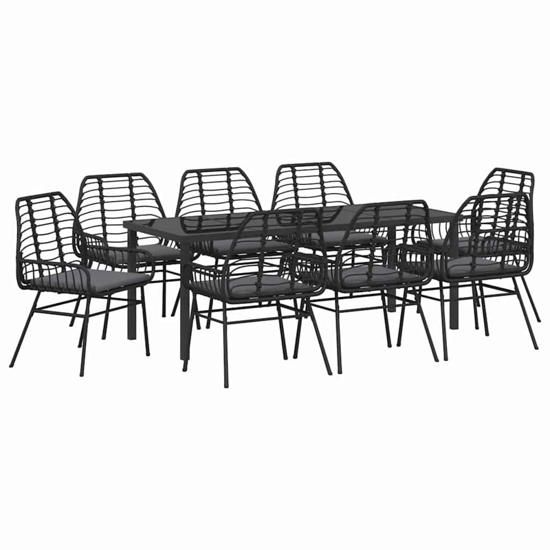  Ensemble de salle à manger de jardin 9 pièces en rotin de polyester noir, Gray Cushion/Black Frame, 8