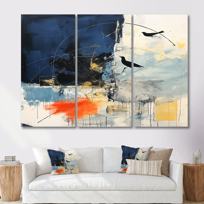 Deux oiseaux dans des tons de bleu - ensemble d'art mural abstrait paysage, H 28 po x l 36 po x P 1 po, Toile tendue