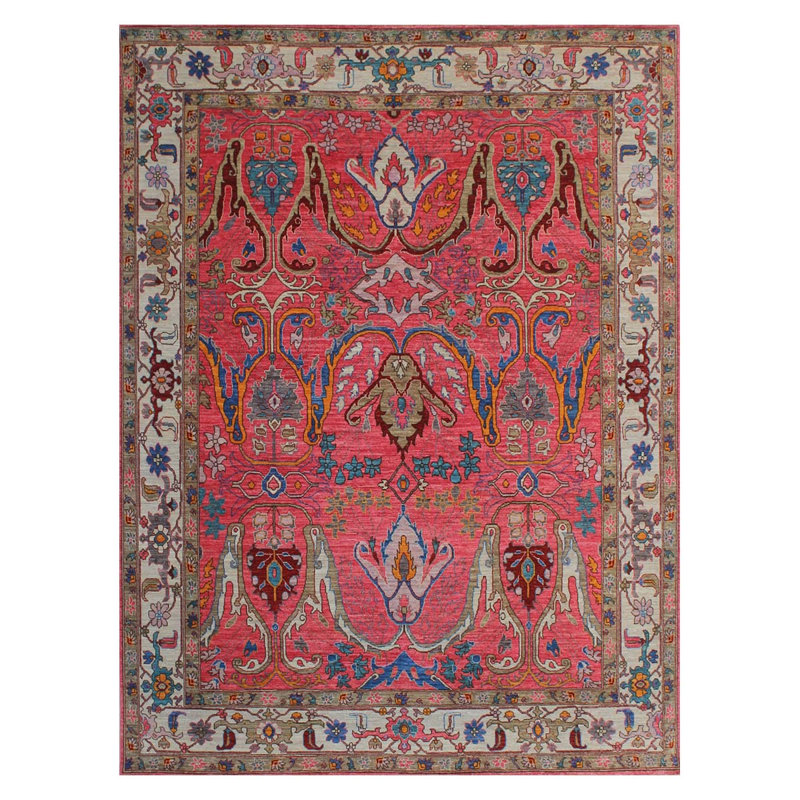 Tapis rouge / brun en laine noué à la main de conception unique 7 pi 10 po x 10 pi