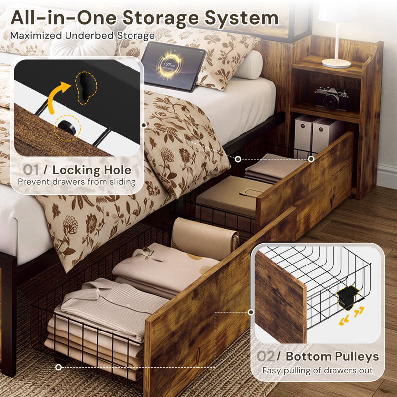 Queen Platform Bed Frame With 4 Under‑Bed Storage Drawers, Storage Headboard With Pull Out Nightstands, Charging Station And RGB LED Lights, No Box Spring Required