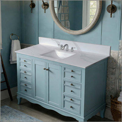 Dessus de meuble-lavabo en quartz, lavabo central encastré à simple cuve de 3/4 po d'épaisseur, dosseret de 4 po de hauteur, 3 trous de robinet pré-percés, résistant aux taches et à la chaleur, quartz avec veines