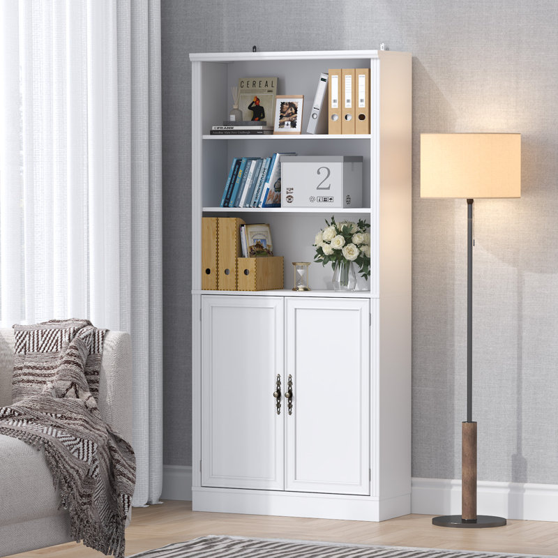 71.4" Tall Modern Bookcase with Doors, 6 Tier Floor Standing Bookshelf with Vintage Handles for Home Office, Living Room 