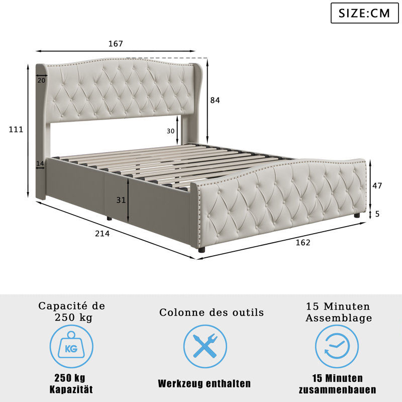 Upholstered Velvet Lift Up Storage Bed, European Kingsize (160 x 200 cm), Beige