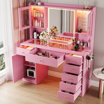Meuble-lavabo avec miroir et lumières, meuble-lavabo en verre avec lumière RVB et station de charge pour filles, rose