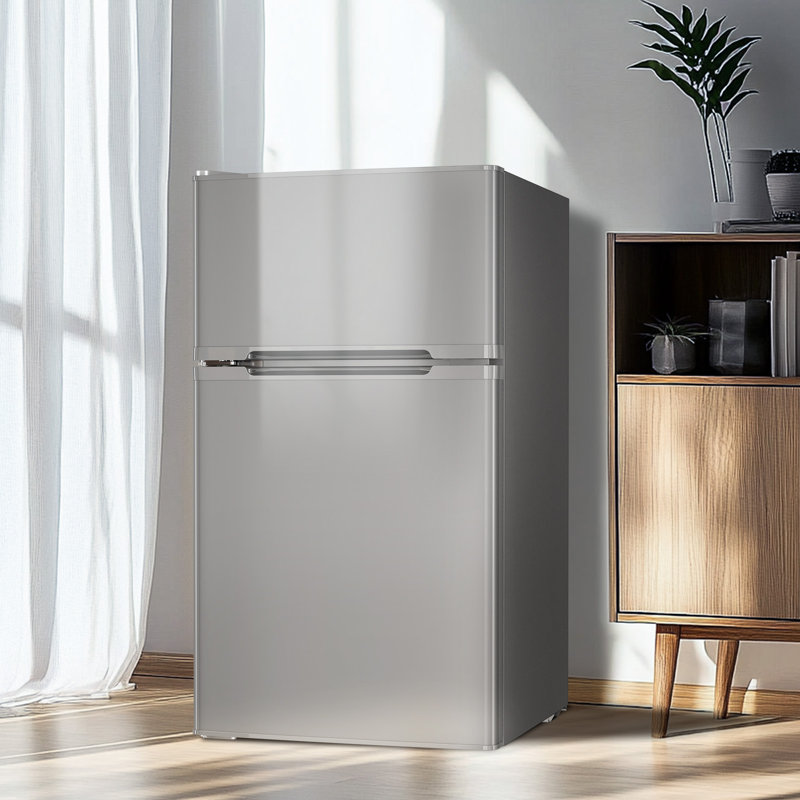  3.2 CU.FT Dual-Door Compact Mini Fridge with Freezer, Adjustable Thermostat, Reversible Door, Removable Shelves, Low Noise - Ideal for Bedroom/Office/Dorm/Kitchen/Apartment