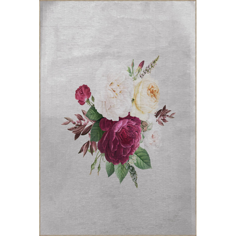 Tapis décoratif moderne à motif de feuille beige et de rose mauve, Rectangle 5 pi x 9 pi 11 po