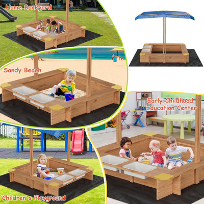 Wooden Sandbox With Uv-resistant Canopy, Side Buckets, And Drainage Liner – Durable, Weather-resistant Fir Wood For Kids' Outdoor Play