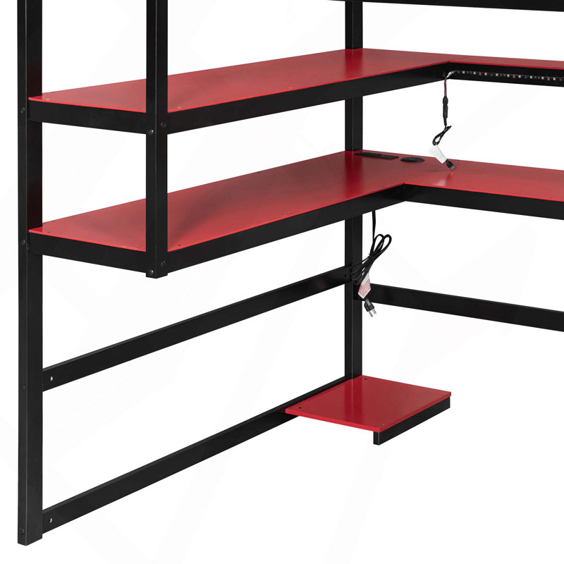 Lit mezzanine en bois avec bureau, support de rangement latéral, tablettes multiples et lumière RVB, Full, Red