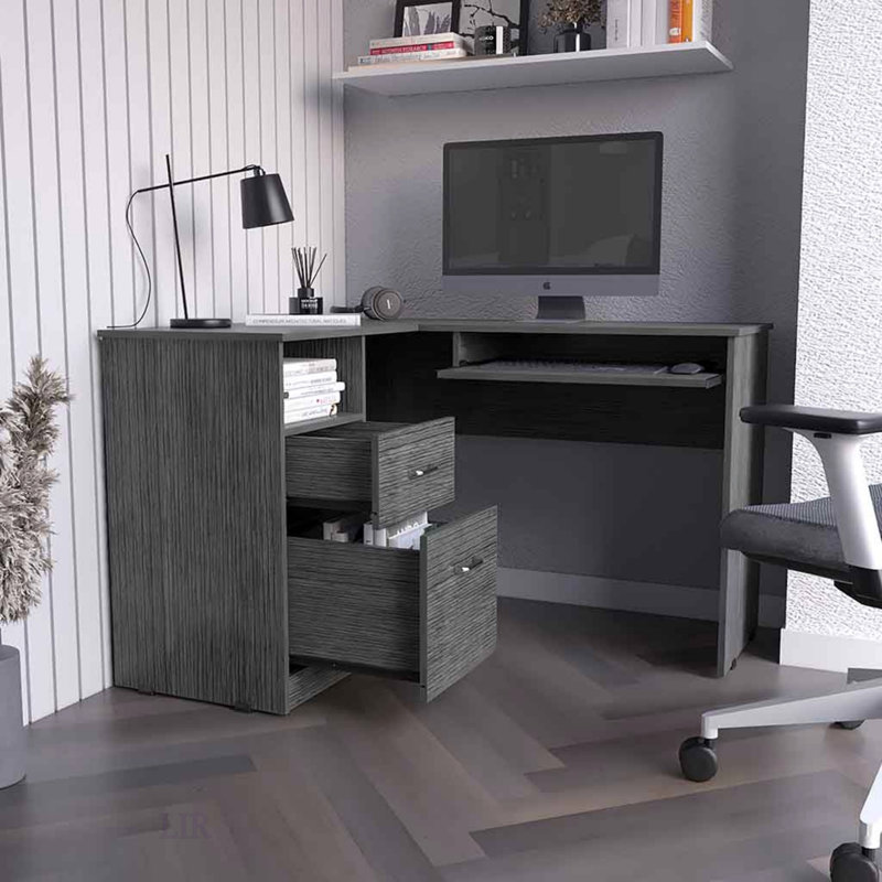L-Shaped Desk Bradford With Retractable Keyboard Shelf, Smokey Oak Finish For Modern Home Office, Gray