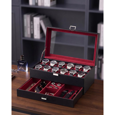 Coffret à montres pour hommes, boîte à bijoux à 12 fentes avec tiroir et couvercle en verre