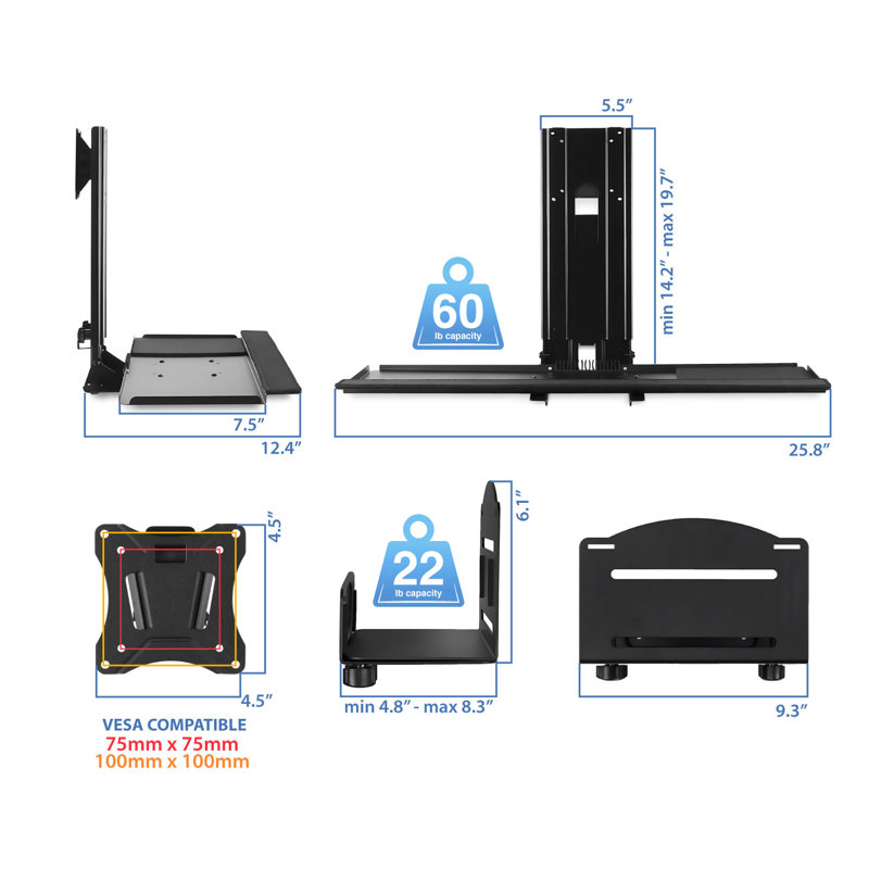 Black Adjustable Wall Mount for Monitor and Keyboard with CPU Holder