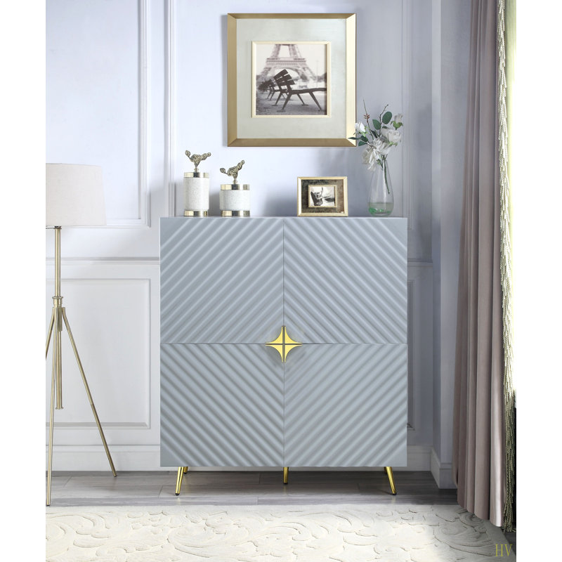 Armoire d'appoint à finition ultrabrillante avec motif à vagues, quatre portes et tablettes réglables, Gris