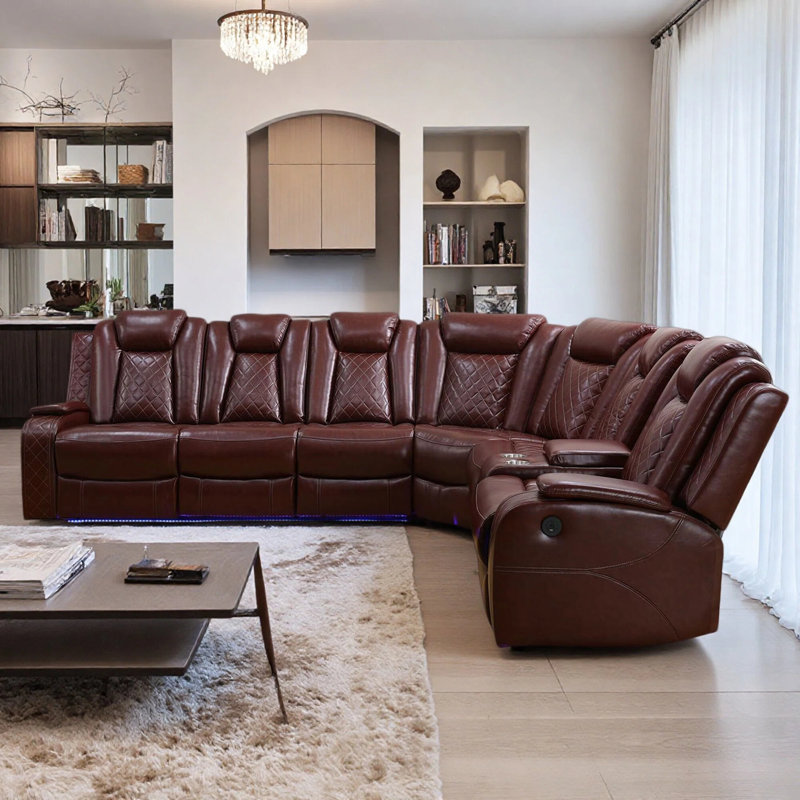 Canapé modulaire inclinable manuel en cuir 3 pièces avec lumière DEL, Similicuir rouge