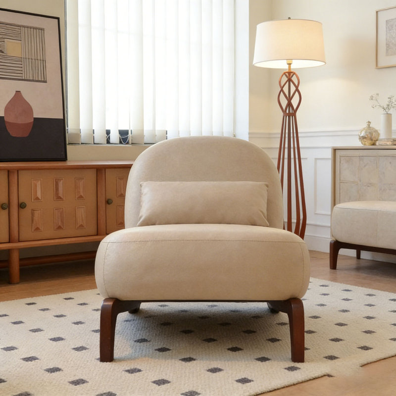 Mignon fauteuil d'appoint avec pieds en bois massif, Cream, Simili cuir