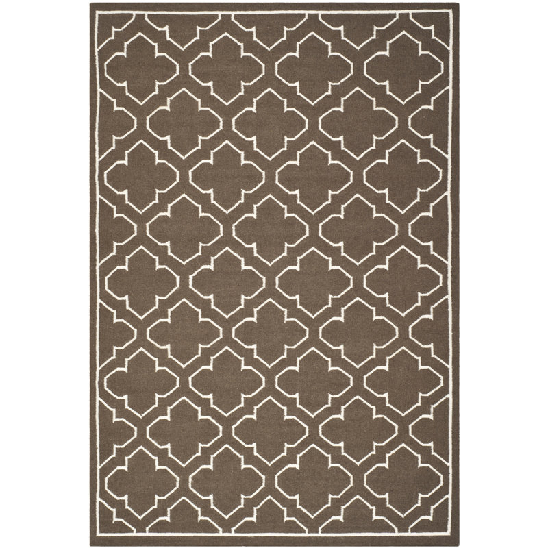 Tapis brun en soie de bananier / laine / coton tissé à la main à plat à motif géométrique Rodgers, Rectangle 6 pi x 9 pi