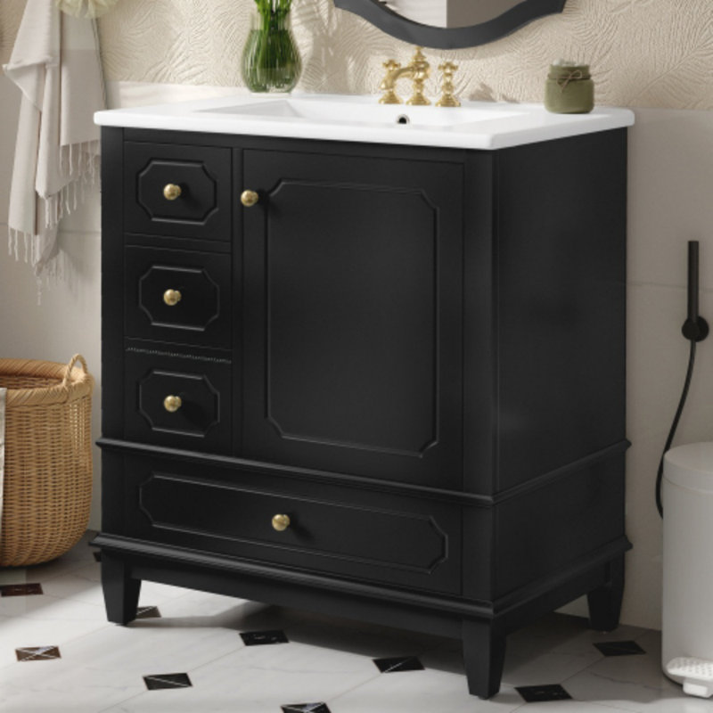 Meuble-lavabo autoportant de 30 po avec lavabo en céramique - Tiroirs à fermeture en douceur et structure en bois massif - Armoire de rangement en panneau de fibres à densité moyenne peinte avec tablettes
