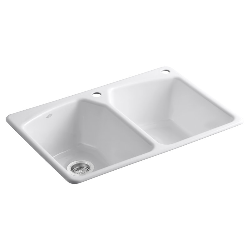 Tanager 33" x 22" x 9-5/8" Top-Mount Double-Equal Bowl Kitchen Sink with Two Holes: 1 Faucet Hole, Mexican Sand, Right Hand