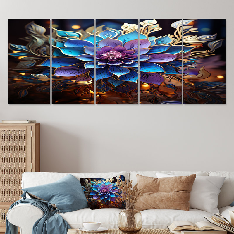 Abstrait bleu mauve en fleurs, feuilles dorées - art floral moderne sur toile 5 pièces, H 32 po x l 80 po