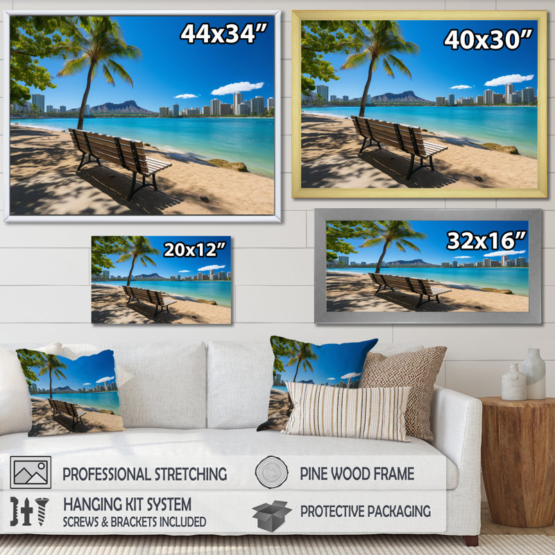 Paysage de plage hawaïenne, H 30 po x l 40 po x P 1,5 po, Cadre flottant noir