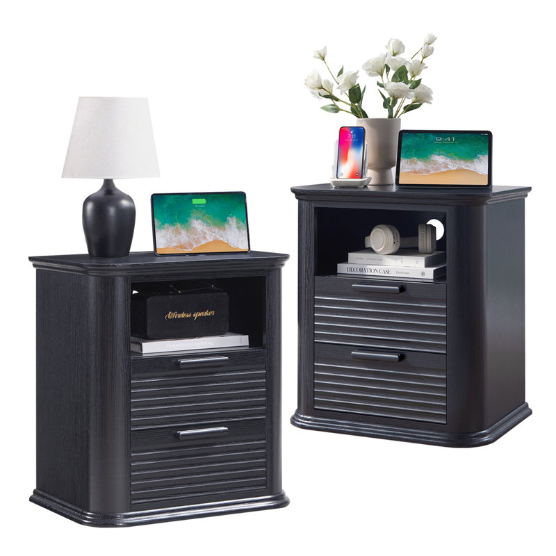 Table de chevet cannelée 22 po avec station de charge, Grain de bois noir