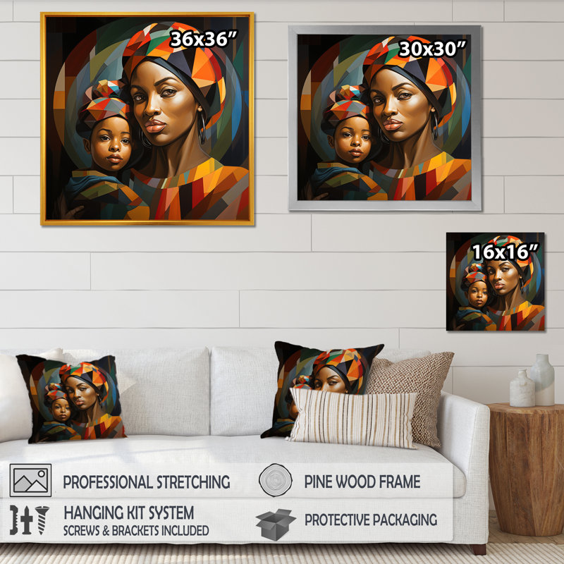 Orange orange, mère et enfant «Bond I» - Art mural africain, Cadre simple blanc, H 36 po x l 36 po x P 1,5 po
