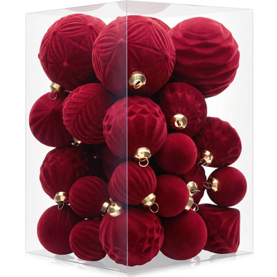 35-Piece Premium Velvet Christmas Ornament Set - Shatterproof Flocked Christmas Ball Decorations in Assorted Textures for Luxury Holiday Tree, Wreath & Festive Decor (Wine Red)