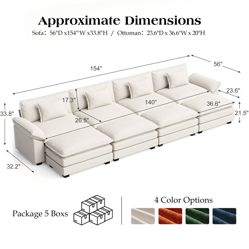 154" W U-Shaped Modular Sectional Sofa With Deep Seat, Cloud Couch With Four Ottomans & Removable Cushions-Beige