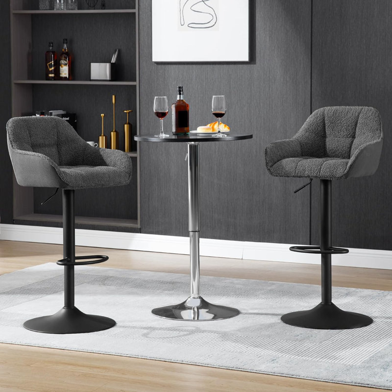Akber Swivel Upholstered and Chenille Adjustable Height Bar Stool with Steel Frame, Dark Grey