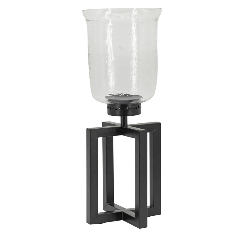 Cole Small Candle Holder, Black Iron Open X Frame, Clear Glass 19 Inch